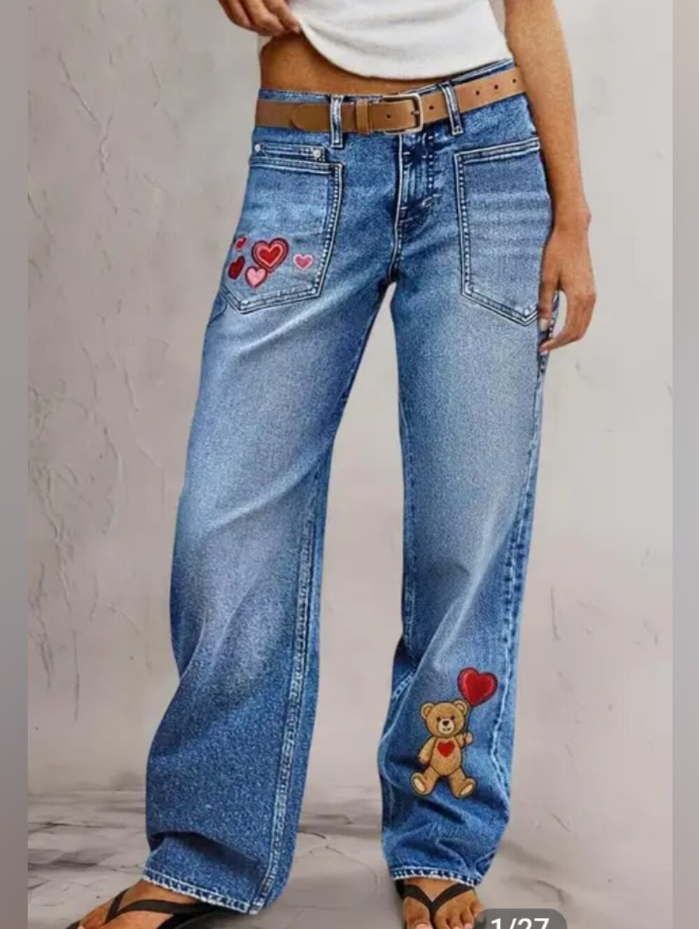 Flamingals Valentine Day Embroidered MidRise Straight Leg Teddy Bear Heart Jeans